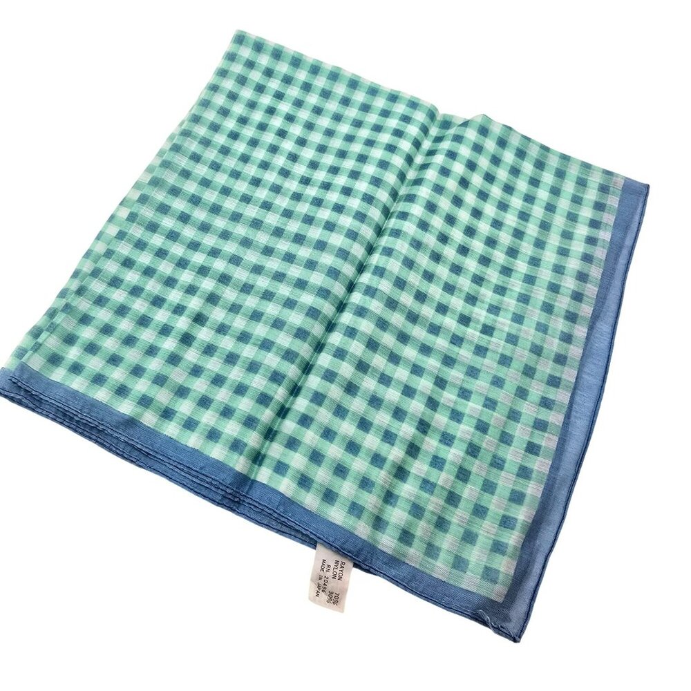 Vintage Japanese Checkered Scarf Rayon/Nylon Blue Green 20" JJ3798